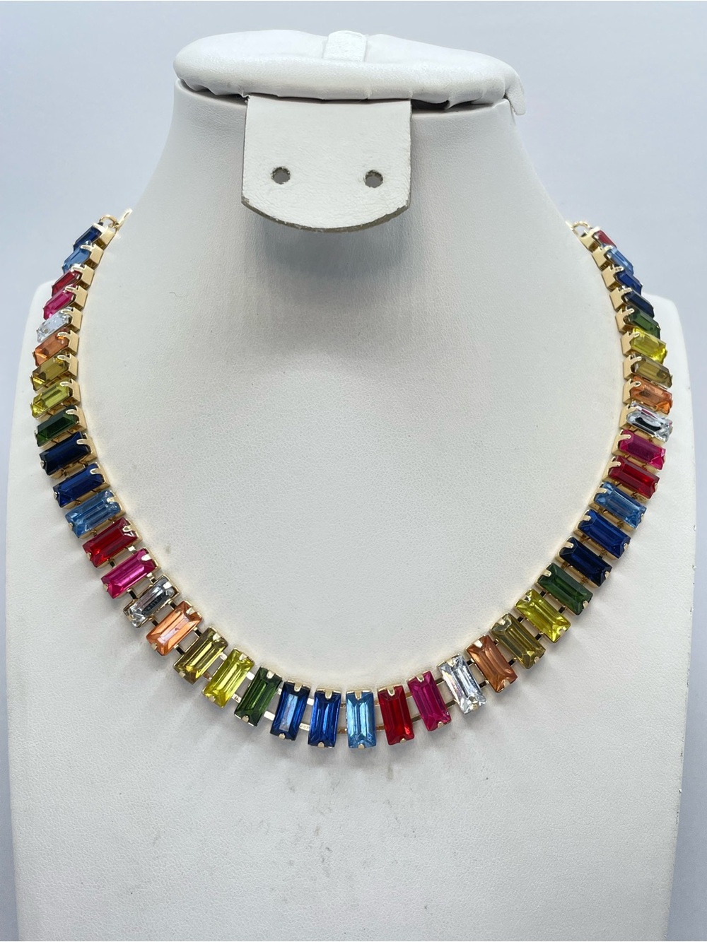 Vintage Plunder Rainbow Crystal Tennis Necklace Gold Statement Glam